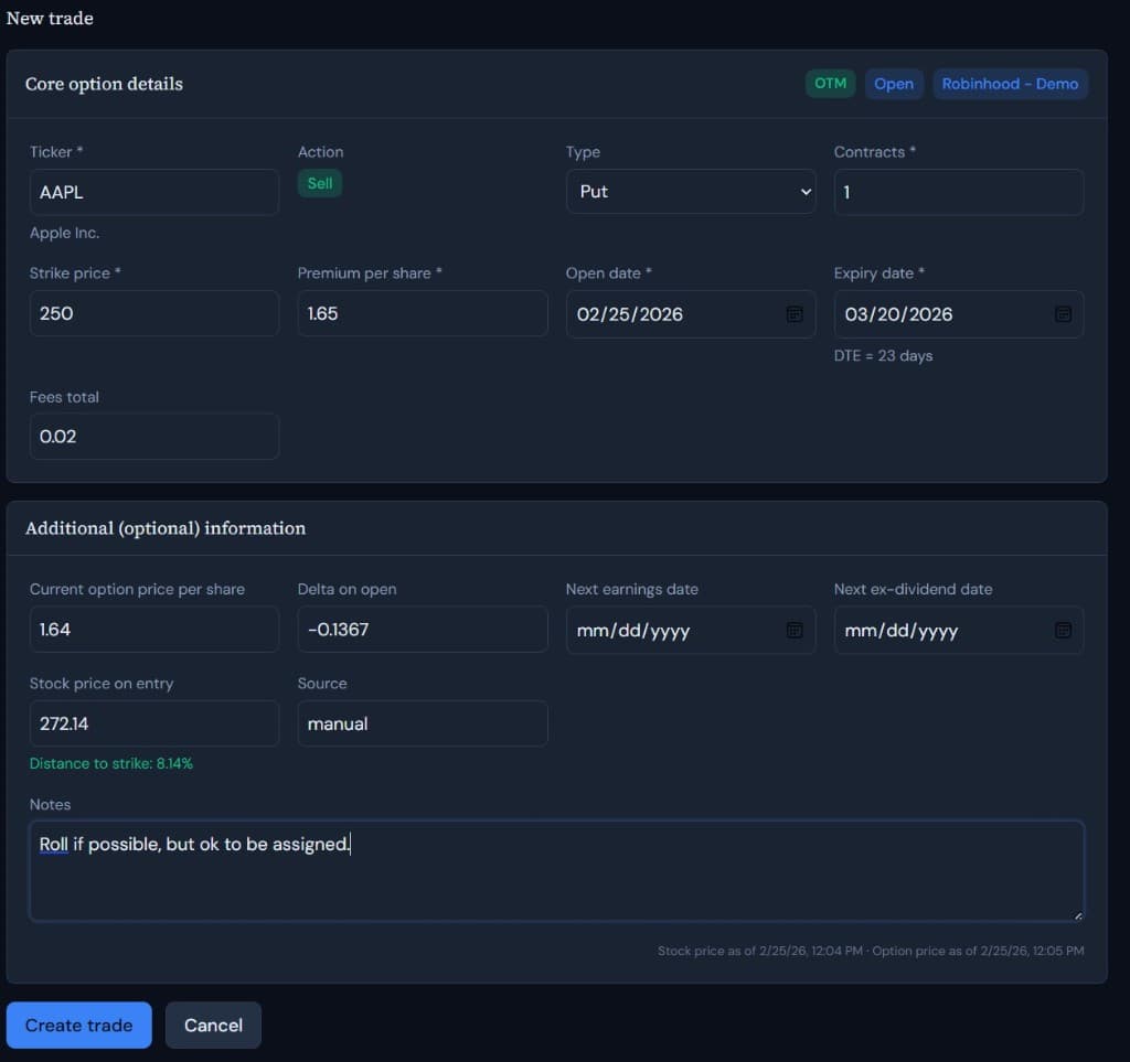 Trade entry form for adding a new options position.
