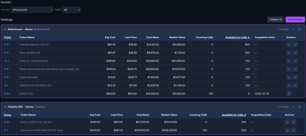 Portfolio holdings view with share quantities and cost basis data.