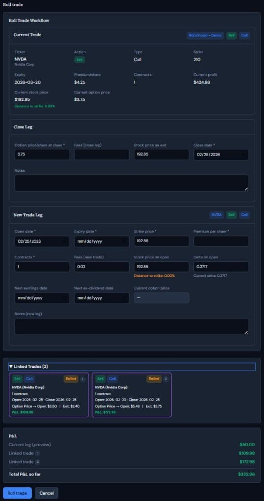 Roll trade screen showing linked contracts and updated terms.