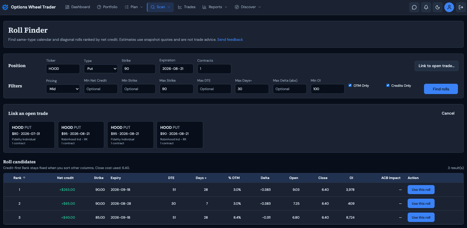 Roll Finder in OptionsWheelTrader