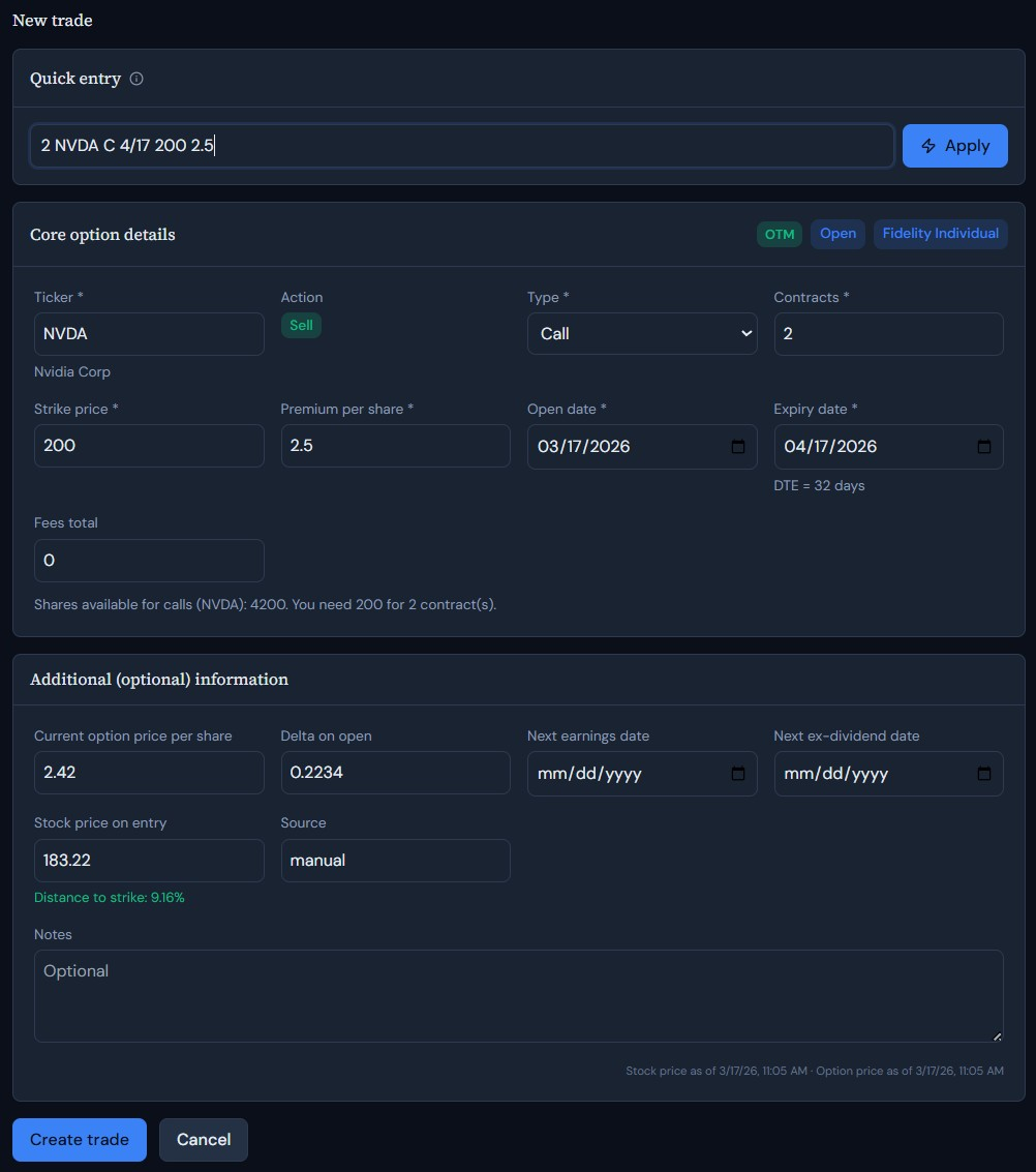 New trade entry flow